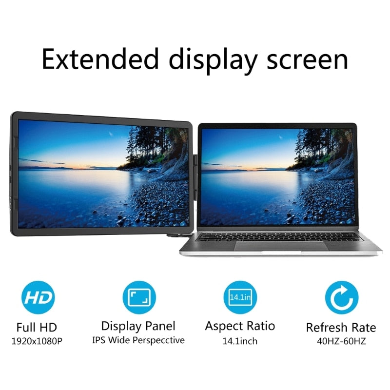 14.1" Laptop Screen Extender Portable Monitor for Laptop, FHD 1080P IPS Laptop Monitor Extender for Most Laptops