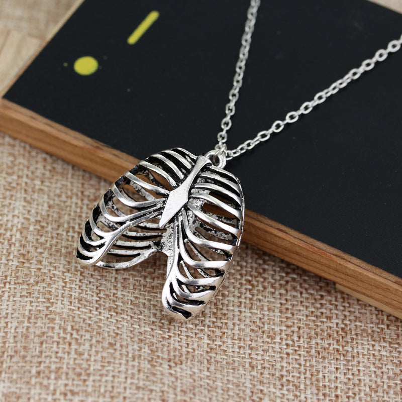 Punk Human Thoracic Skeleton Pendant Necklace Vintage Antique Gold Silver Ribs Necklaces For Men